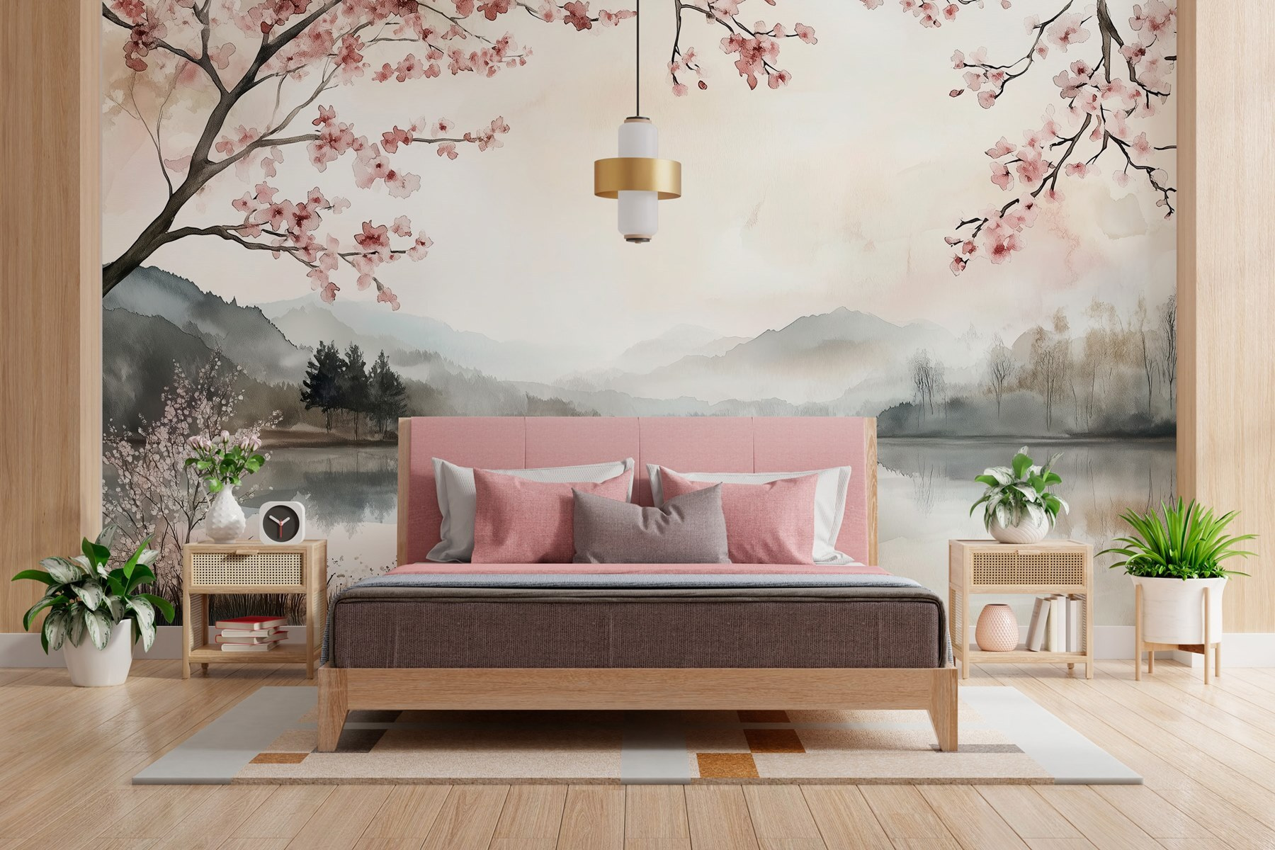 Watercolor painting of a lake with trees and mountains