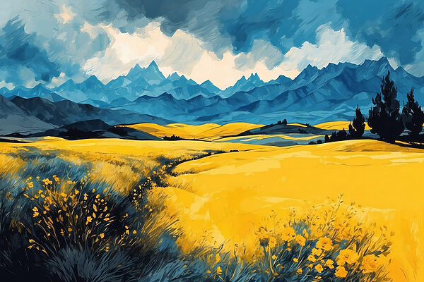 Yellow field with mountains in the background Yellow field with mountains in the background