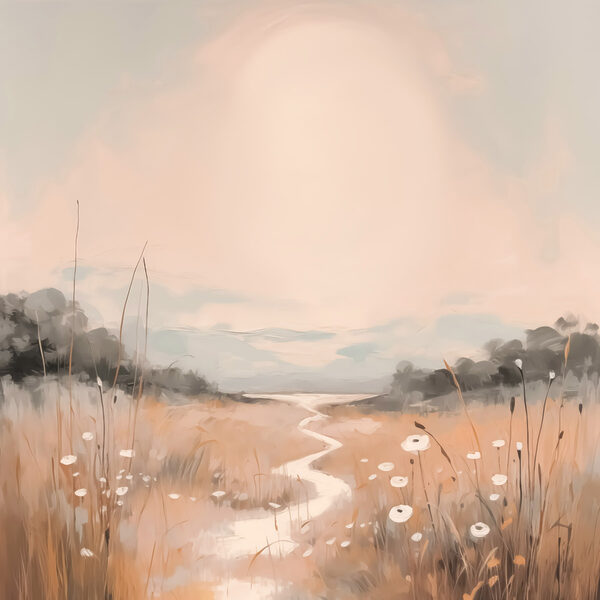 Painting of a river running through a field