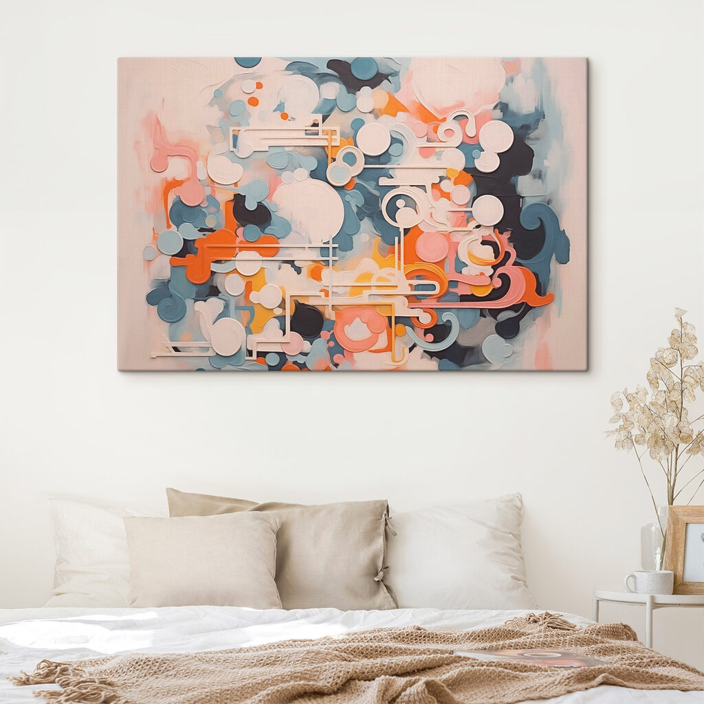 Colorful art piece with white lines and circles