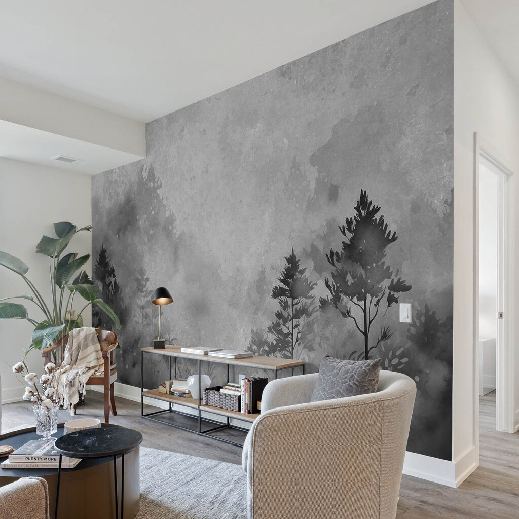 Black and white image of trees and bushes