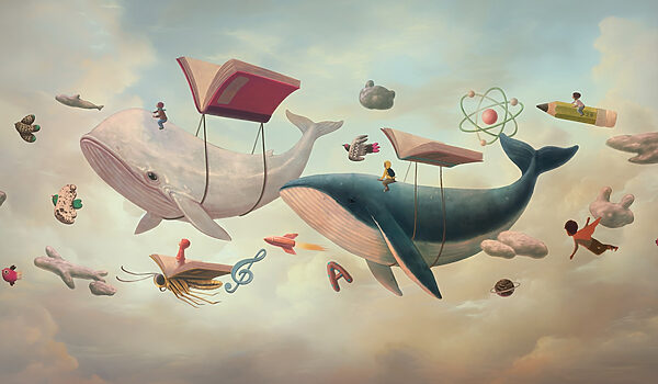 Whale and whale with books and a book on them