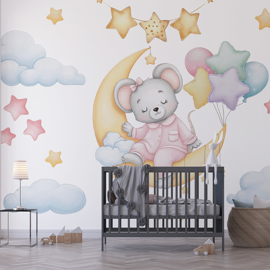 Mouse sitting on the moon with balloons Mouse sitting on the moon with balloons