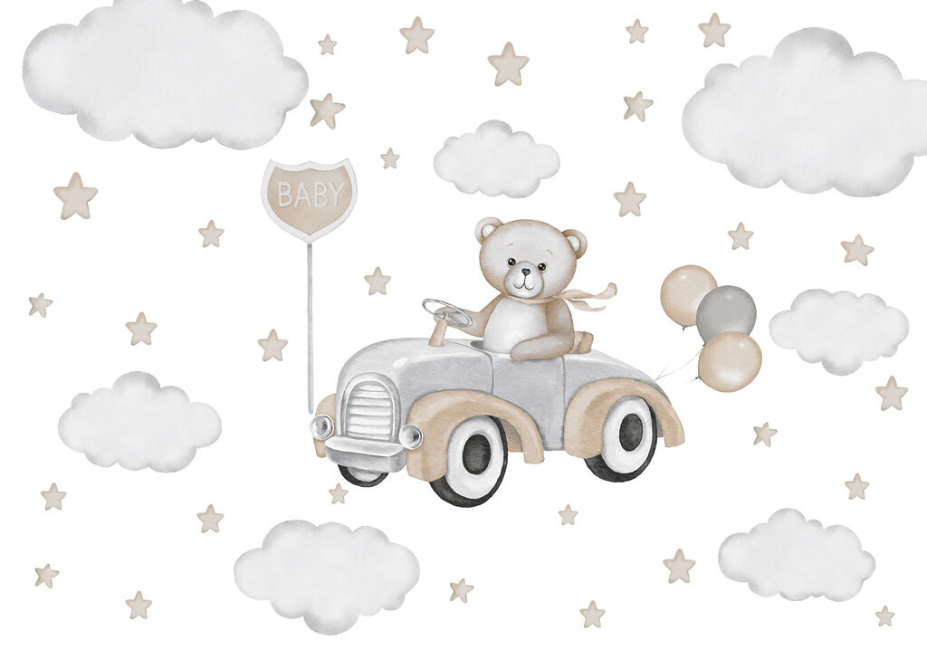 Teddy maci vezet egy autót lufikkal Teddy maci vezet egy autót lufikkal