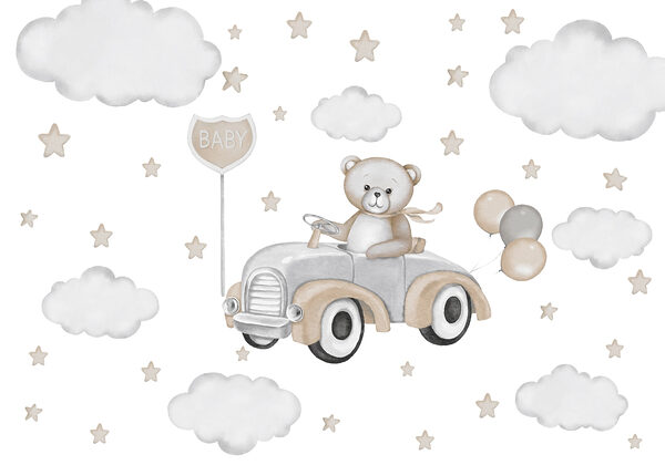 Teddy maci vezet egy autót lufikkal Teddy maci vezet egy autót lufikkal
