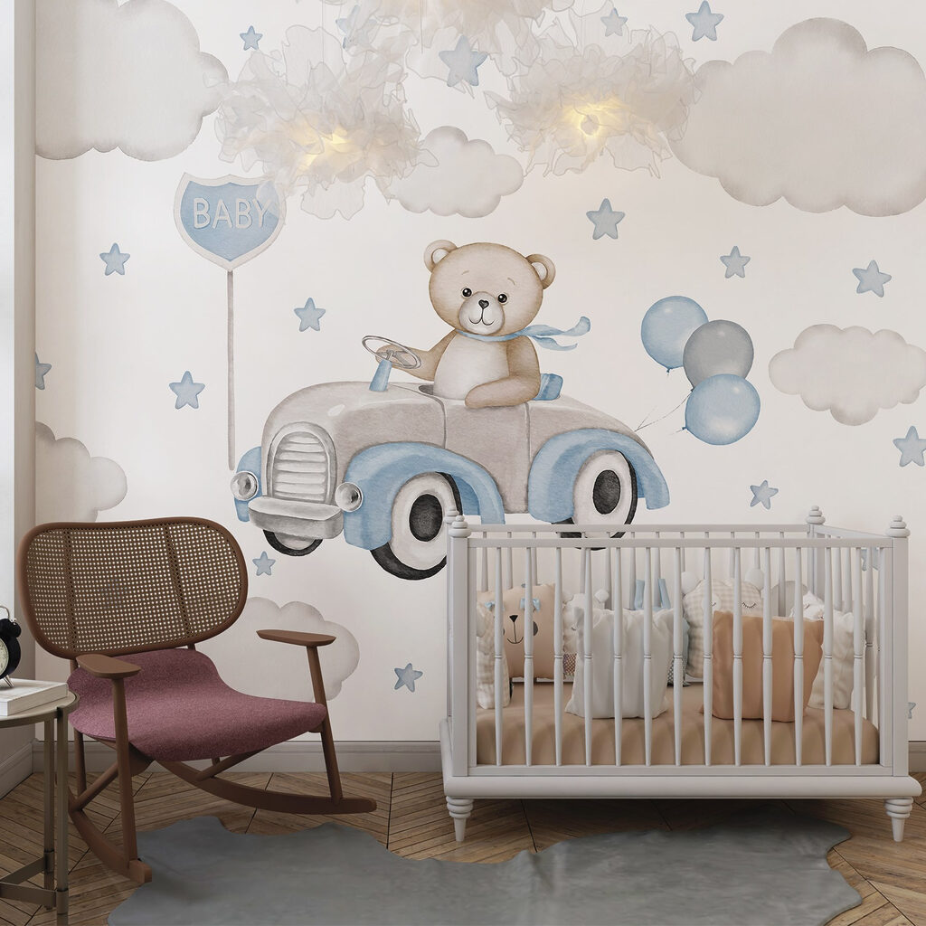 Teddy bear driving a car with balloons