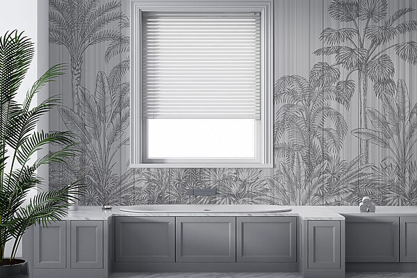 Grey and white background with palm trees