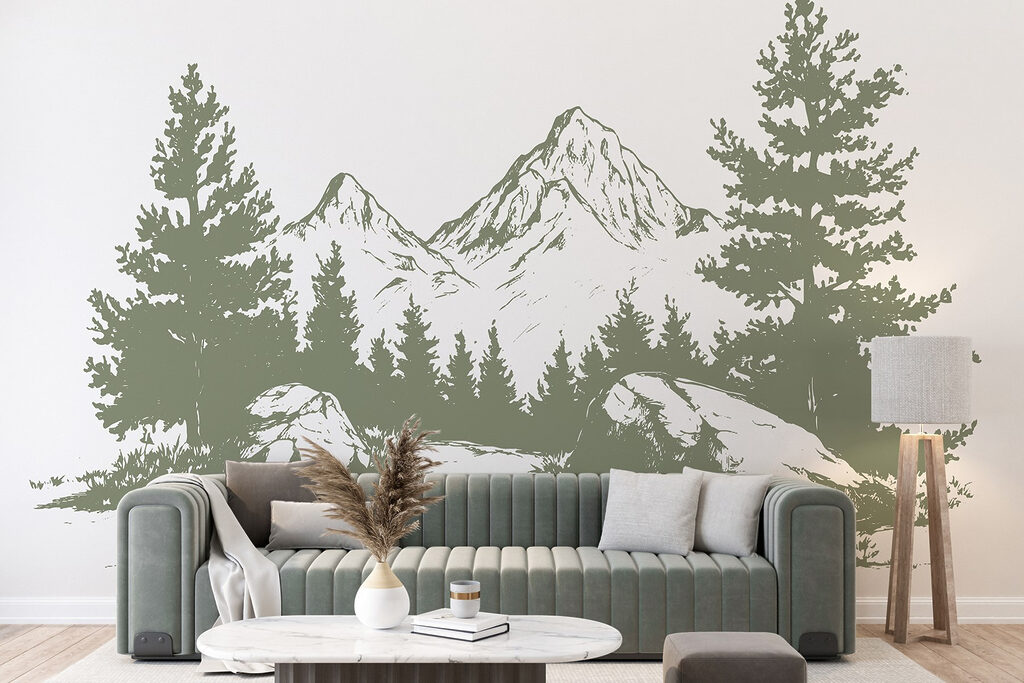 Drawing of trees and mountains