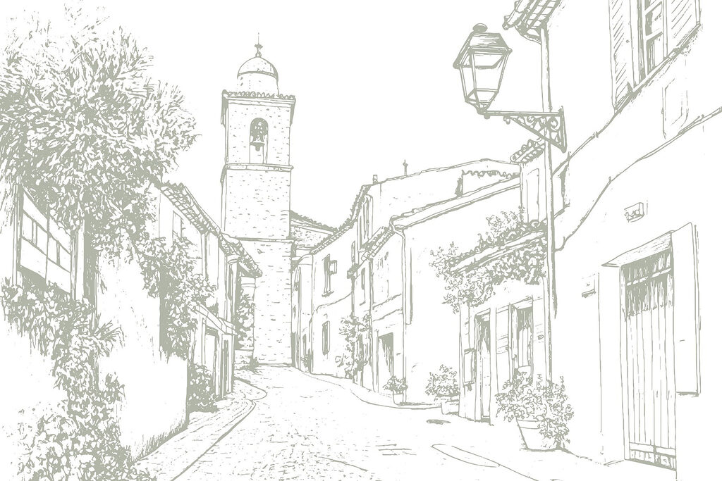 Drawing of a street with buildings and a bell tower
