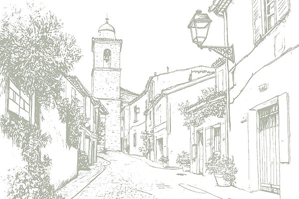 Drawing of a street with buildings and a bell tower