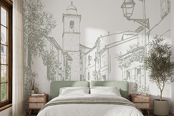 Drawing of a street with buildings and a bell tower