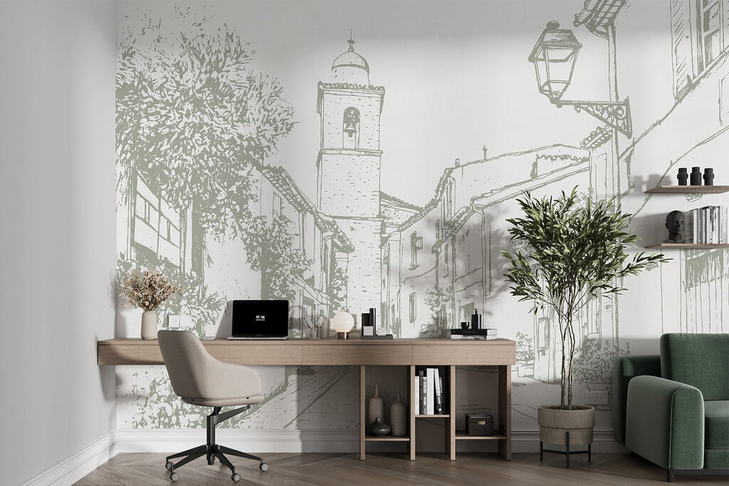 Drawing of a street with buildings and a bell tower