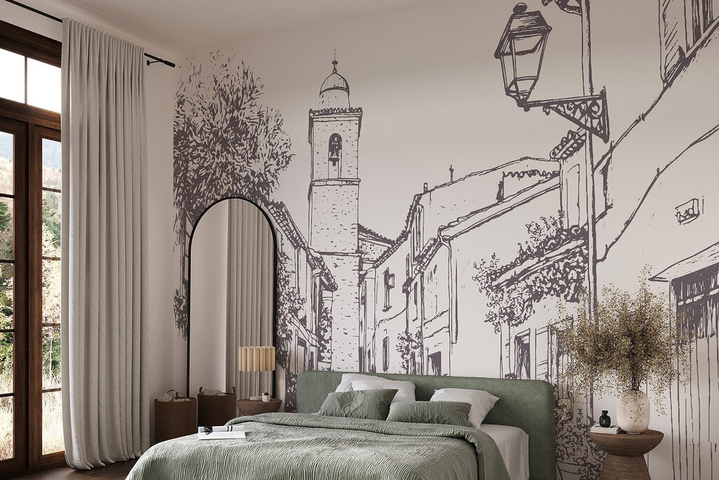 Drawing of a street with buildings and a bell tower