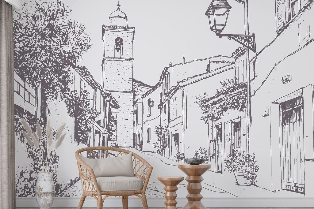 Drawing of a street with buildings and a bell tower