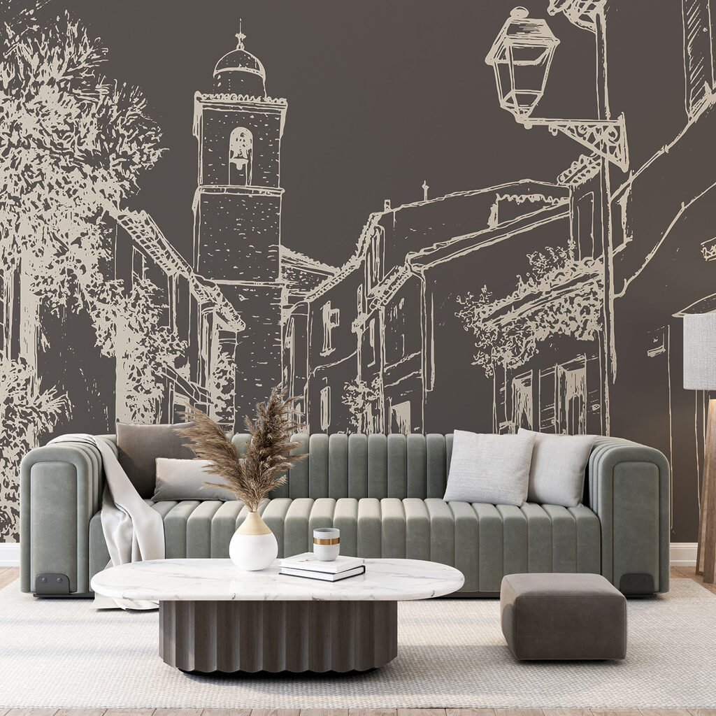 Drawing of a street with buildings and a bell tower