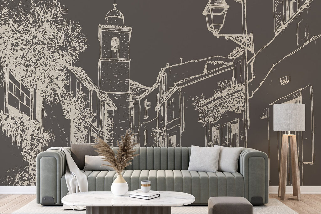 Drawing of a street with buildings and a bell tower