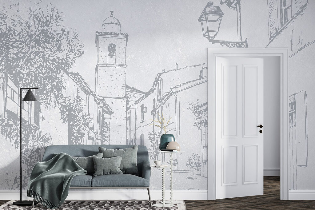 Drawing of a street with a bell tower