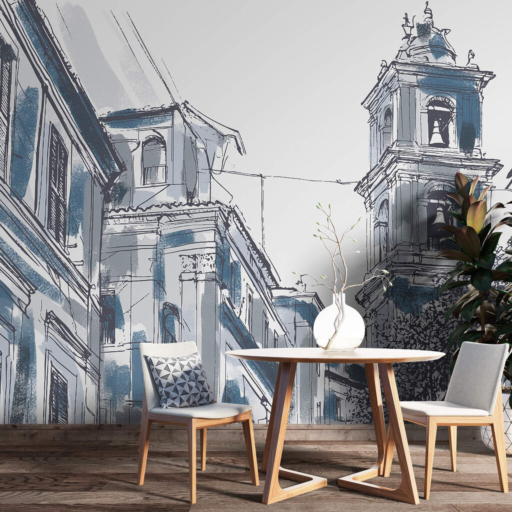 Drawing of a building with bells