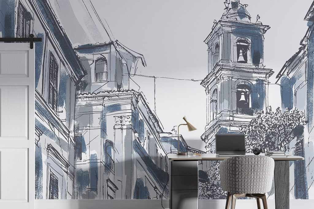 Drawing of a building with bells