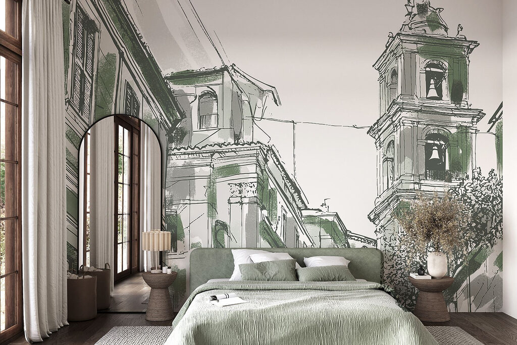 Drawing of a building with bells