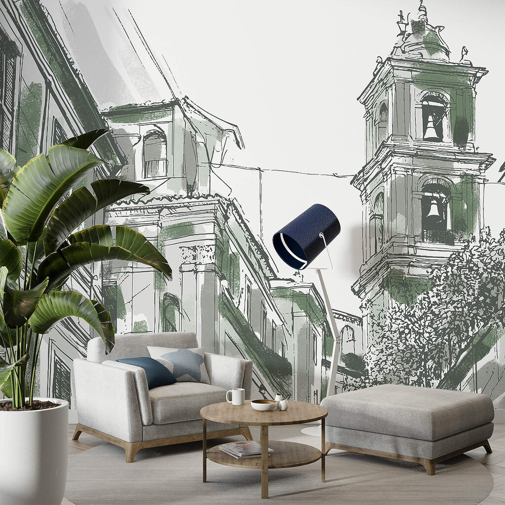 Drawing of a building with bells