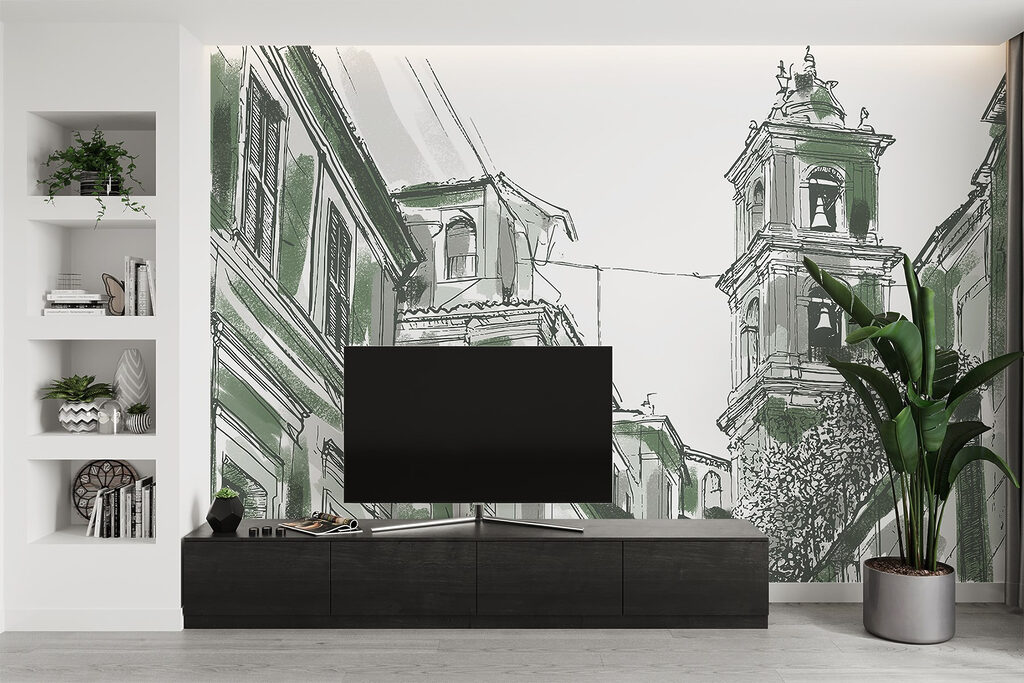 Drawing of a building with bells