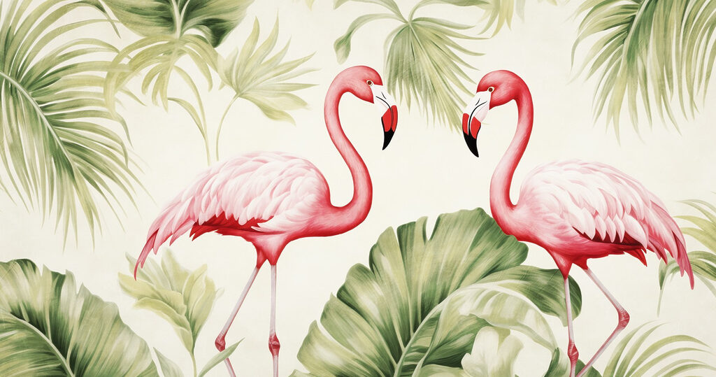 Pár rózsaszín flamingó zöld levelekkel Pár rózsaszín flamingó zöld levelekkel