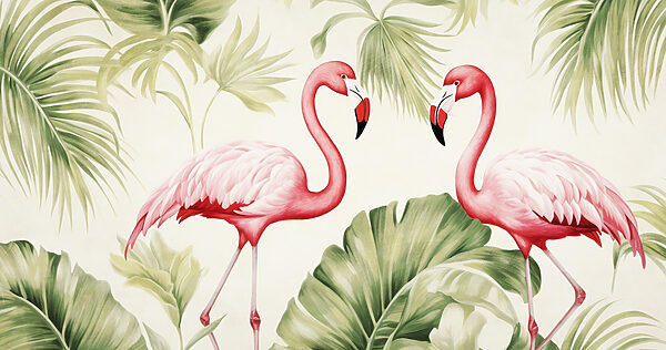 Pár rózsaszín flamingó zöld levelekkel Pár rózsaszín flamingó zöld levelekkel