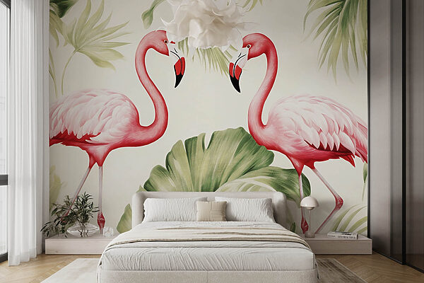 Pár rózsaszín flamingó zöld levelekkel Pár rózsaszín flamingó zöld levelekkel