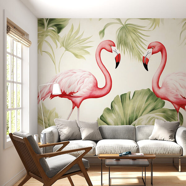 Pár rózsaszín flamingó zöld levelekkel Pár rózsaszín flamingó zöld levelekkel