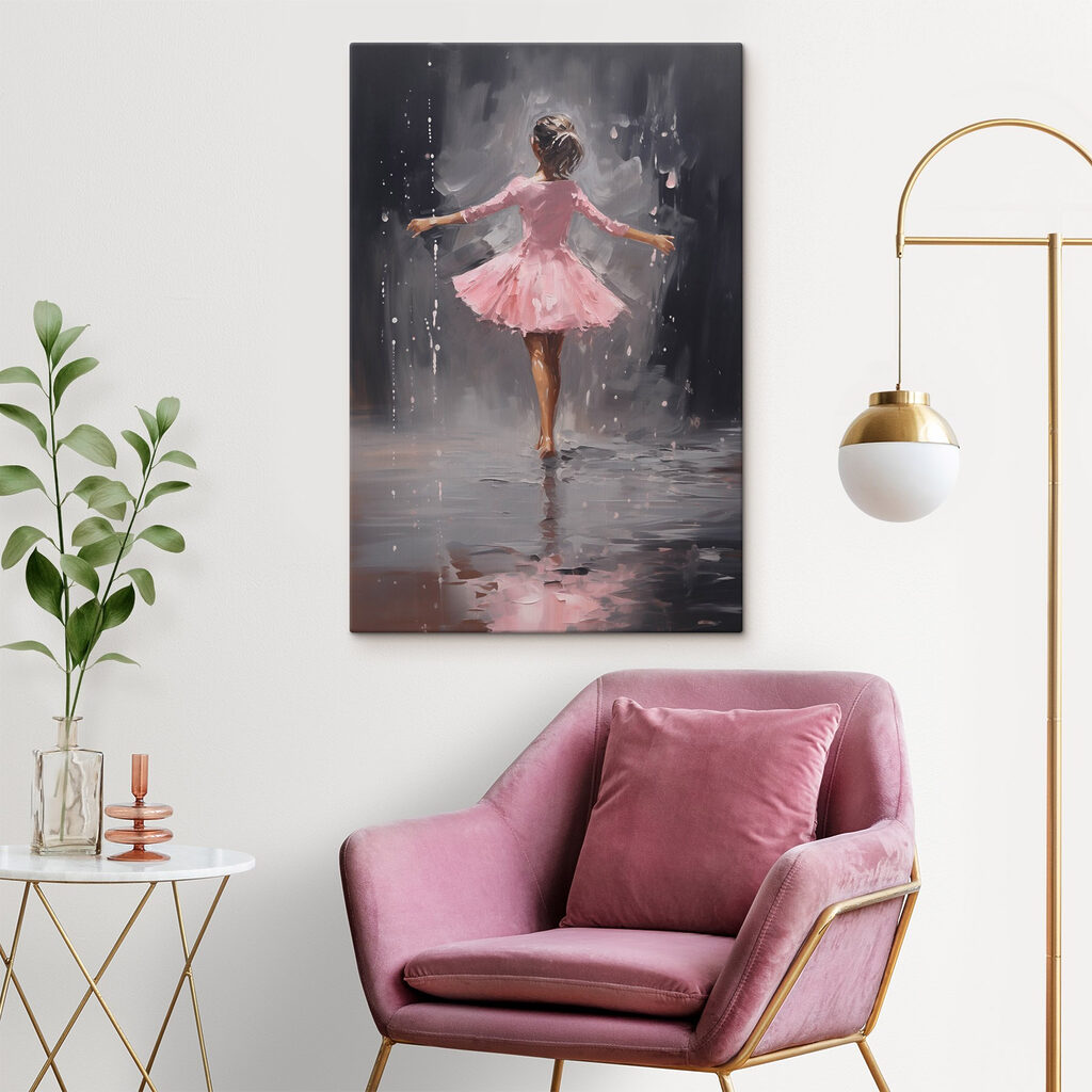 Painting of a girl in a pink dress dancing in the rain