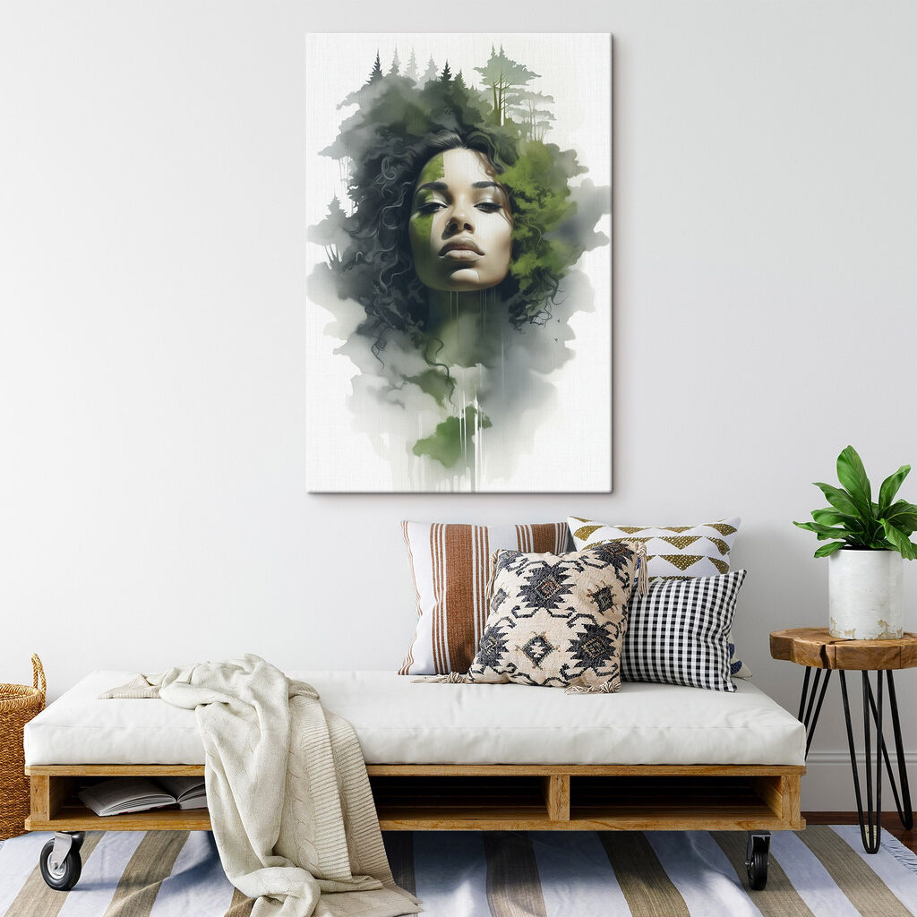 Woman with green leaves on her face