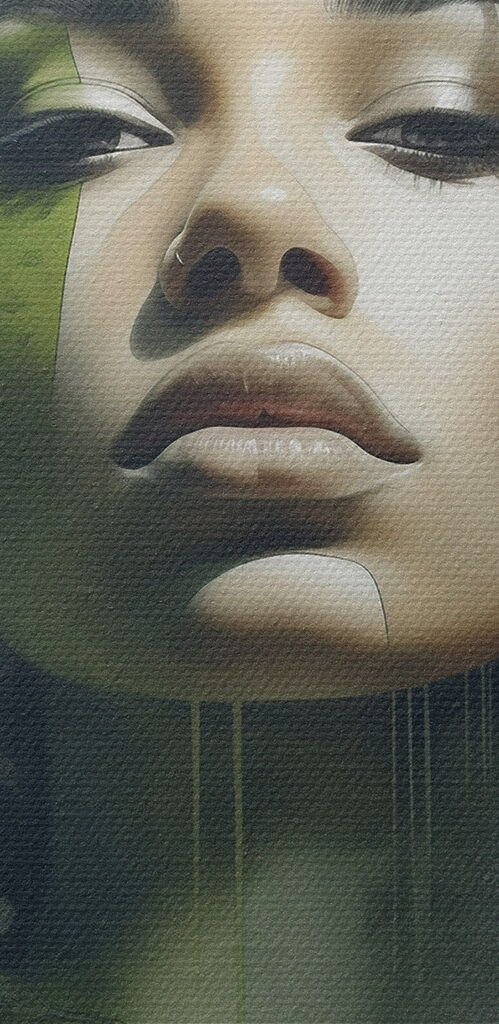 Woman with green leaves on her face