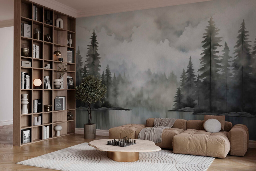 Watercolor painting of a forest and a lake