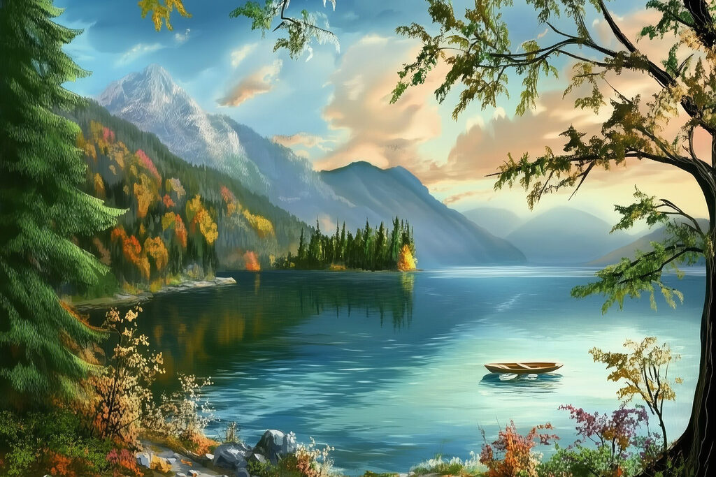 Boat on a lake surrounded by mountains Boat on a lake surrounded by mountains