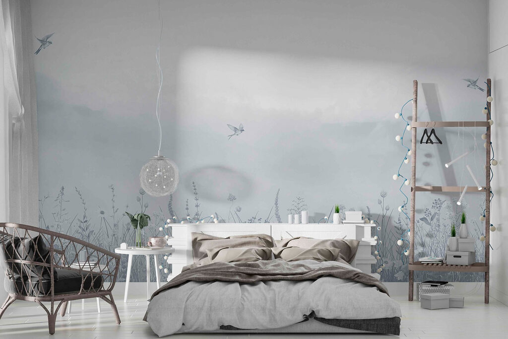 Bird flying over a field of flowers Bird flying over a field of flowers