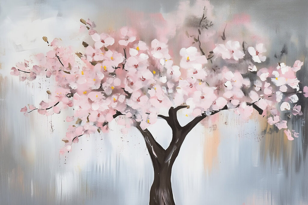 Painting of a tree with pink flowers