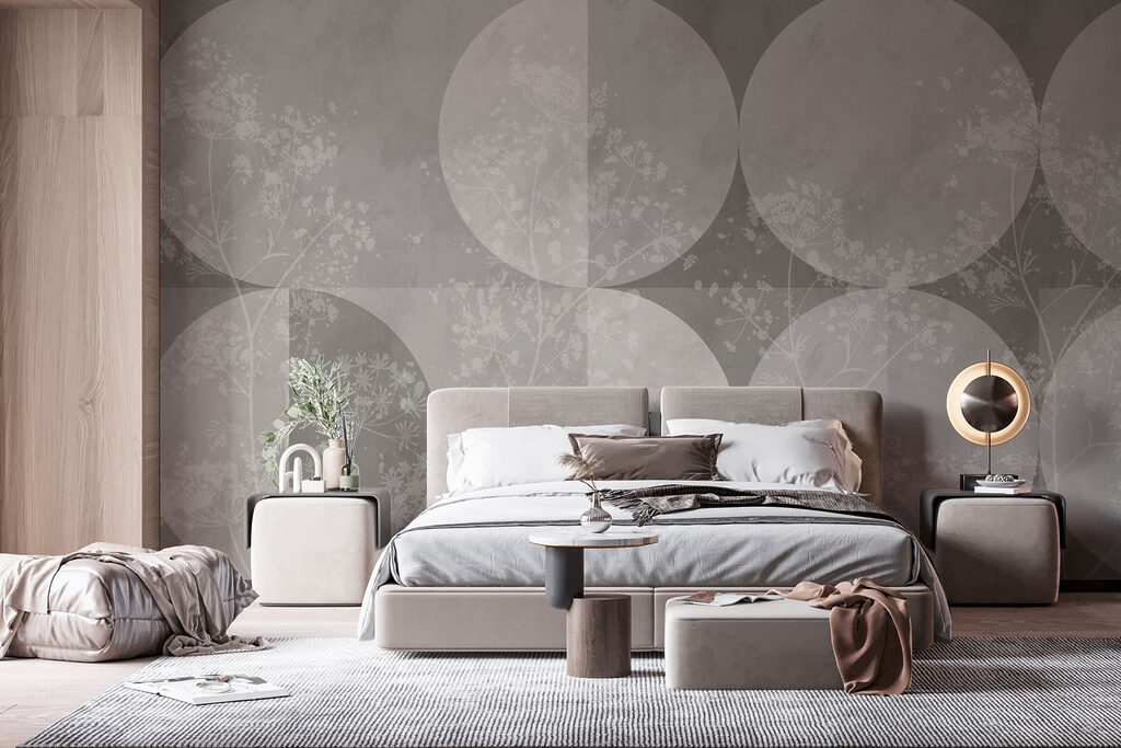 Grey and white background with circles and flowers