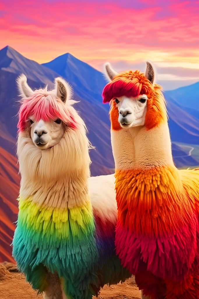 Two llamas with rainbow colored hair