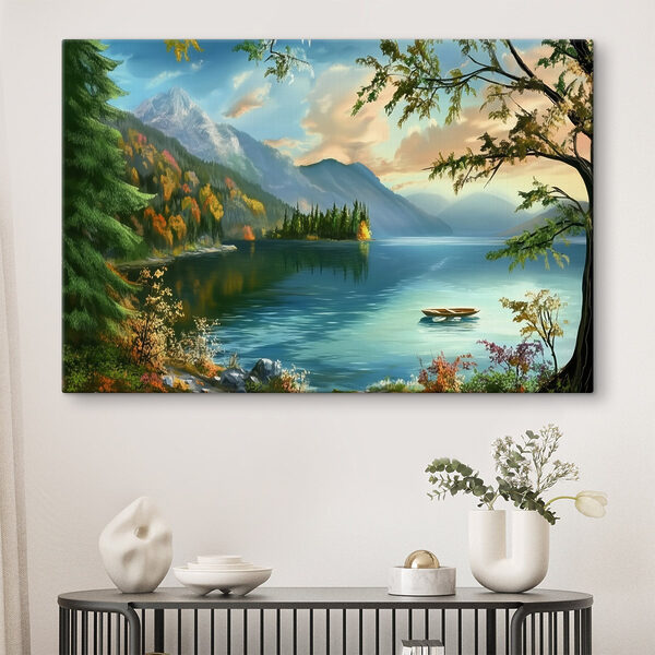 Vászonképek Vászonképek Csónak egy hegyekkel körülvett tavon (Cikkszám: s43286)