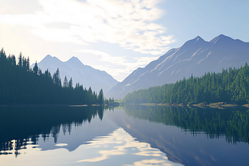 Lake with trees and mountains in the background