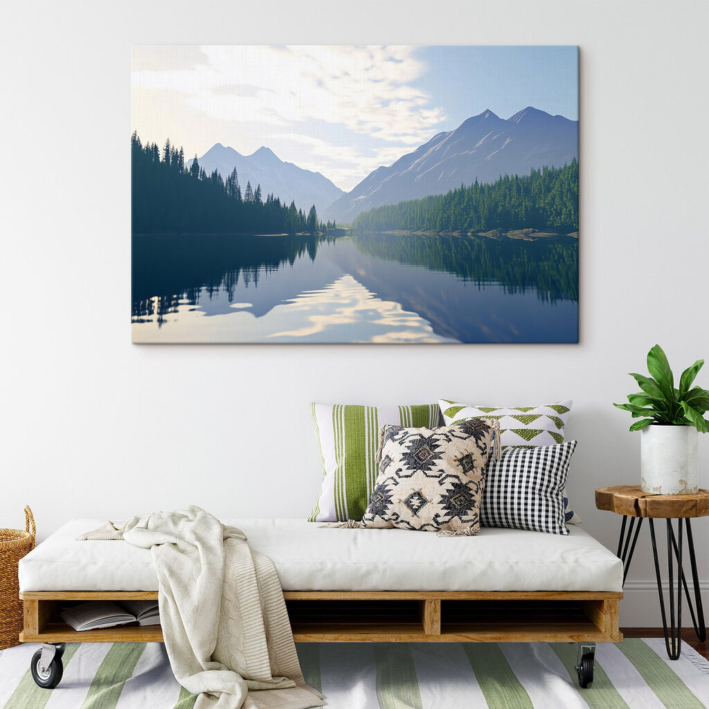 Lake with trees and mountains in the background