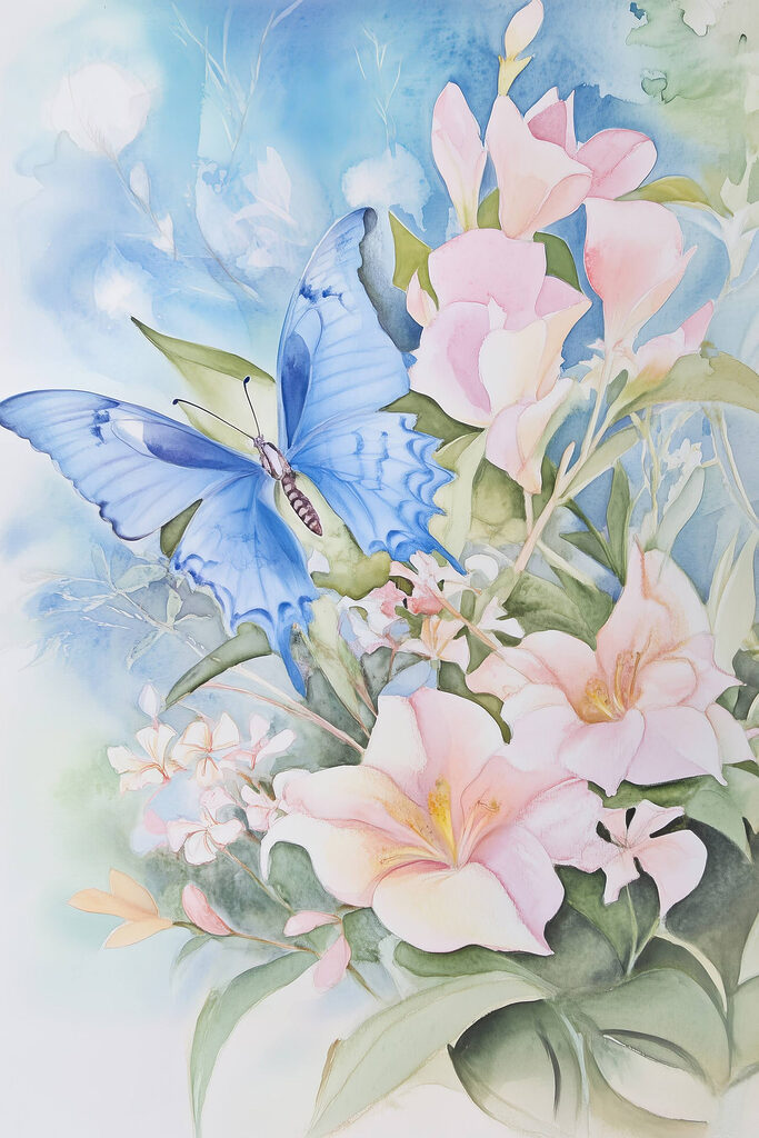 Painting of a butterfly on flowers