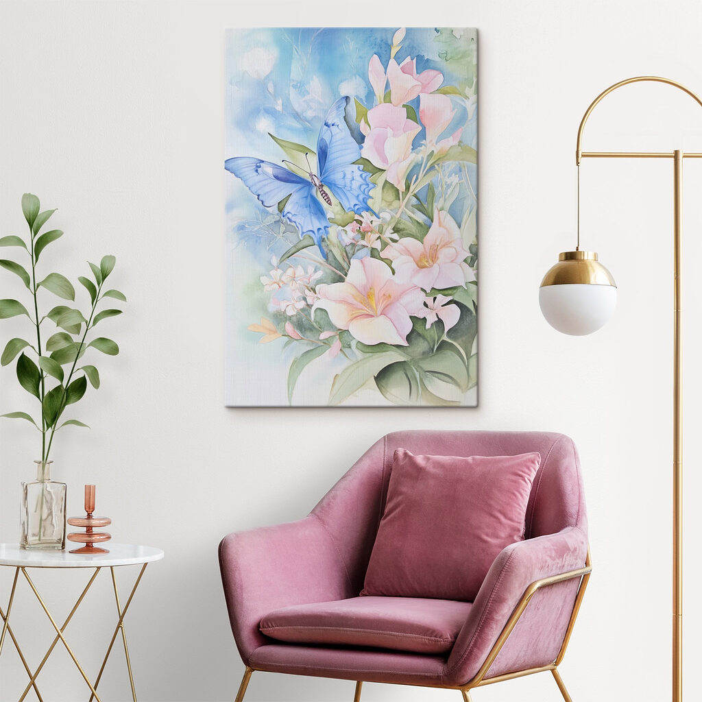 Painting of a butterfly on flowers