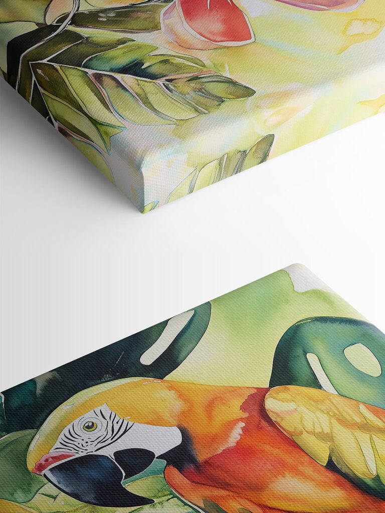 Painting of a parrot on a branch with flowers