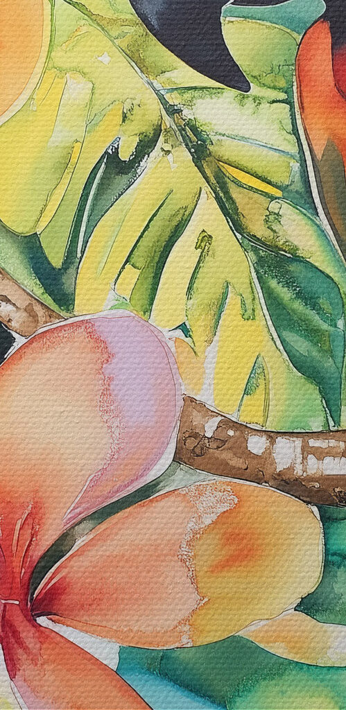 Painting of a parrot on a branch with flowers