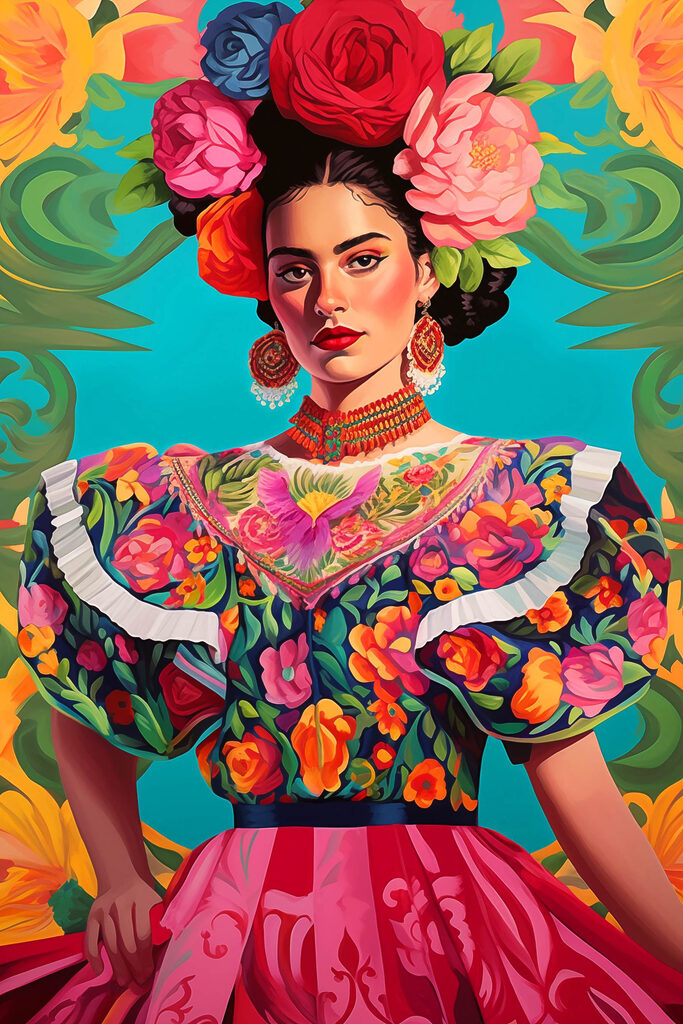 Woman wearing a colorful dress with flowers in her hair