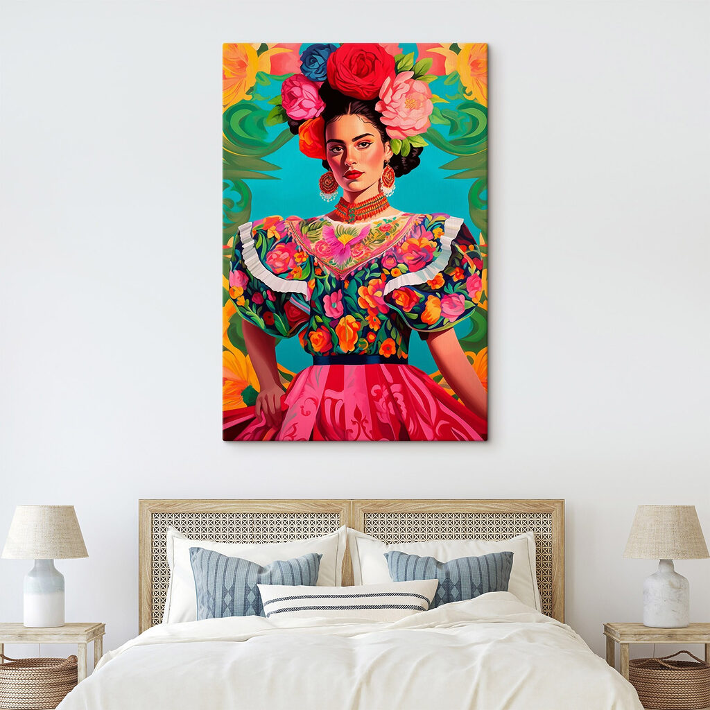 Woman wearing a colorful dress with flowers in her hair