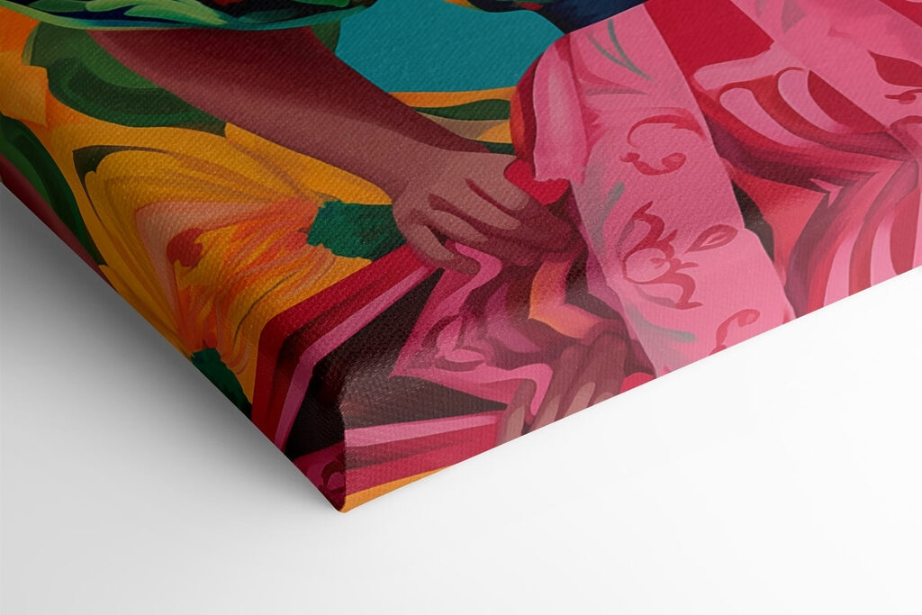 Woman wearing a colorful dress with flowers in her hair