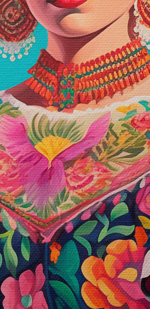 Woman wearing a colorful dress with flowers in her hair